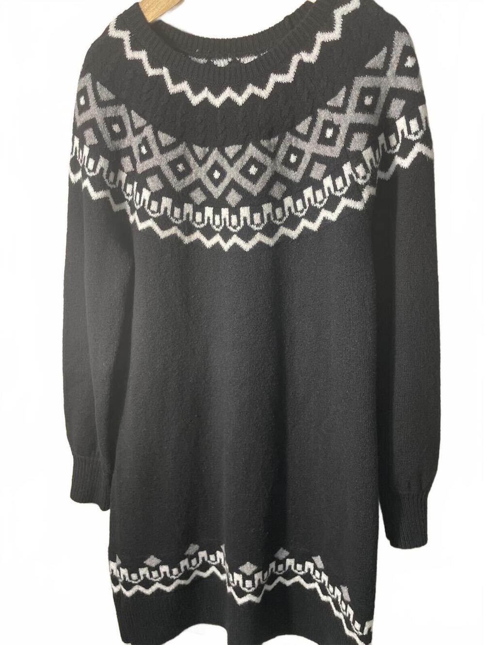 LOFT Knit Sweater Dress Womens Size XS Black White Faire Isle Nordic Chunky New